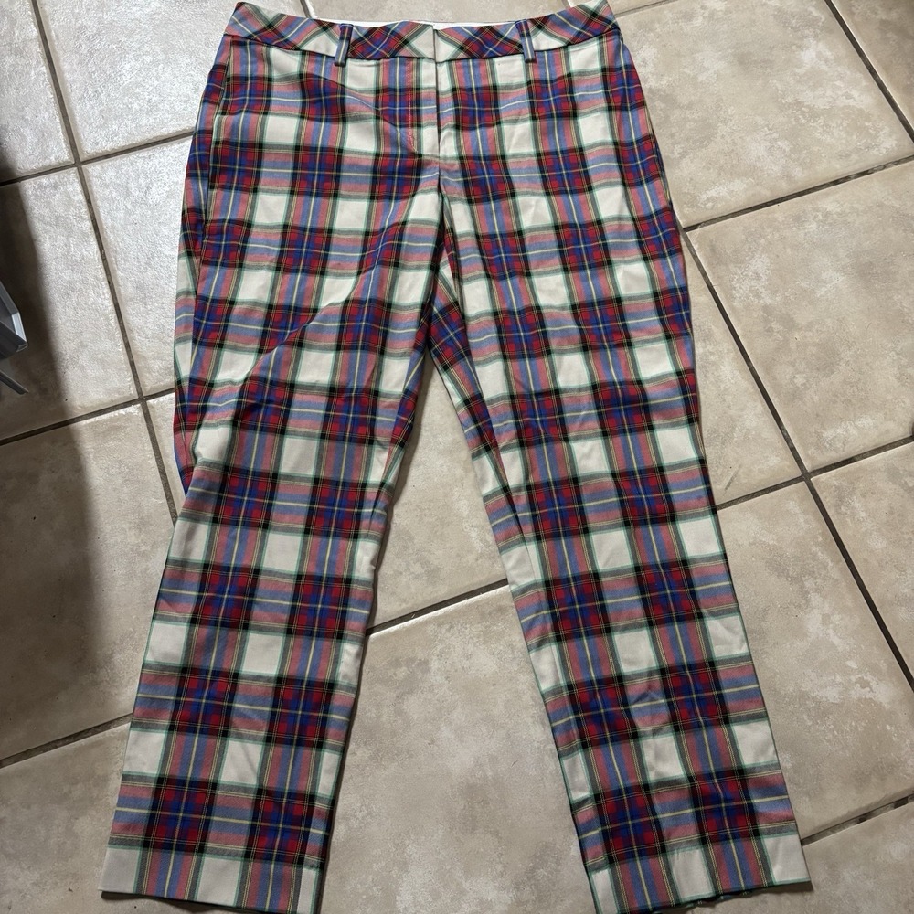 Lands End Women's Multicolor Plaid Pants Size 14 Slim Leg Flat Front Holiday EUC